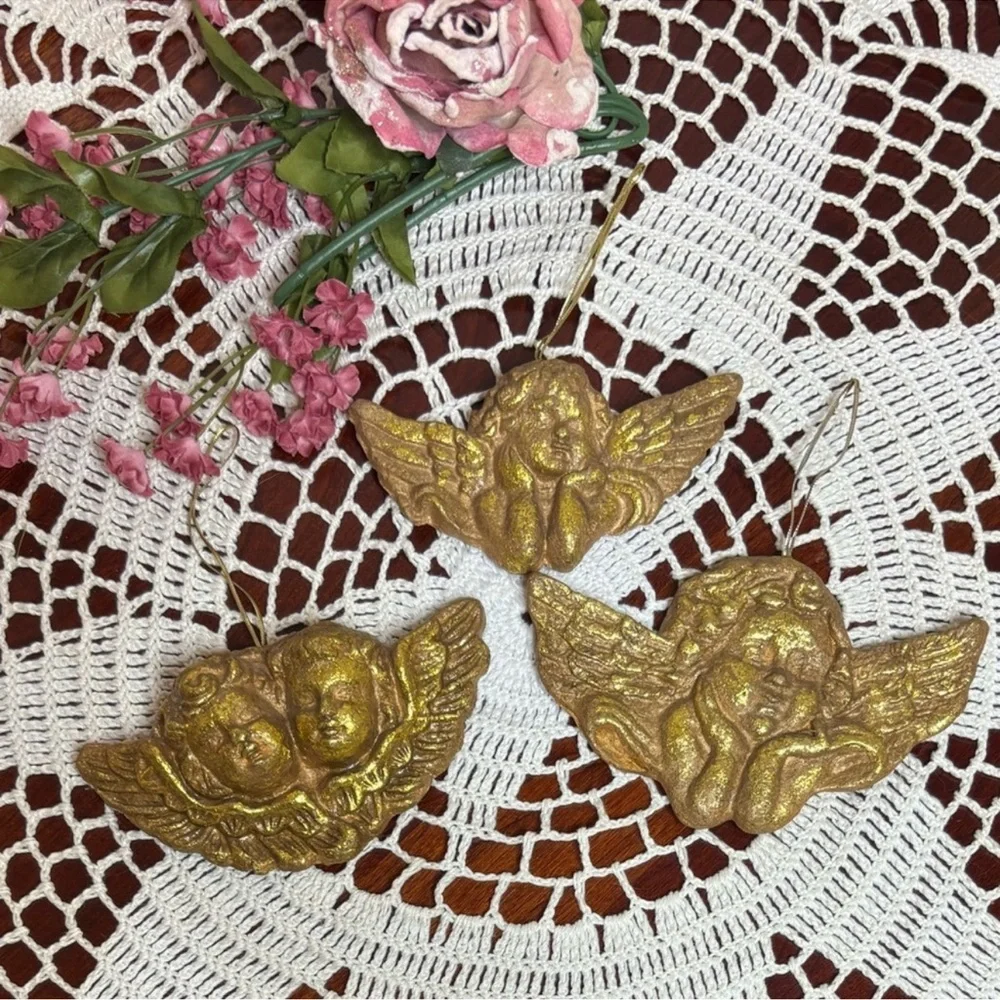 Gold Angel Ornaments Set Victorian Vintage Christmas Cherub Handcrafted Handmade
